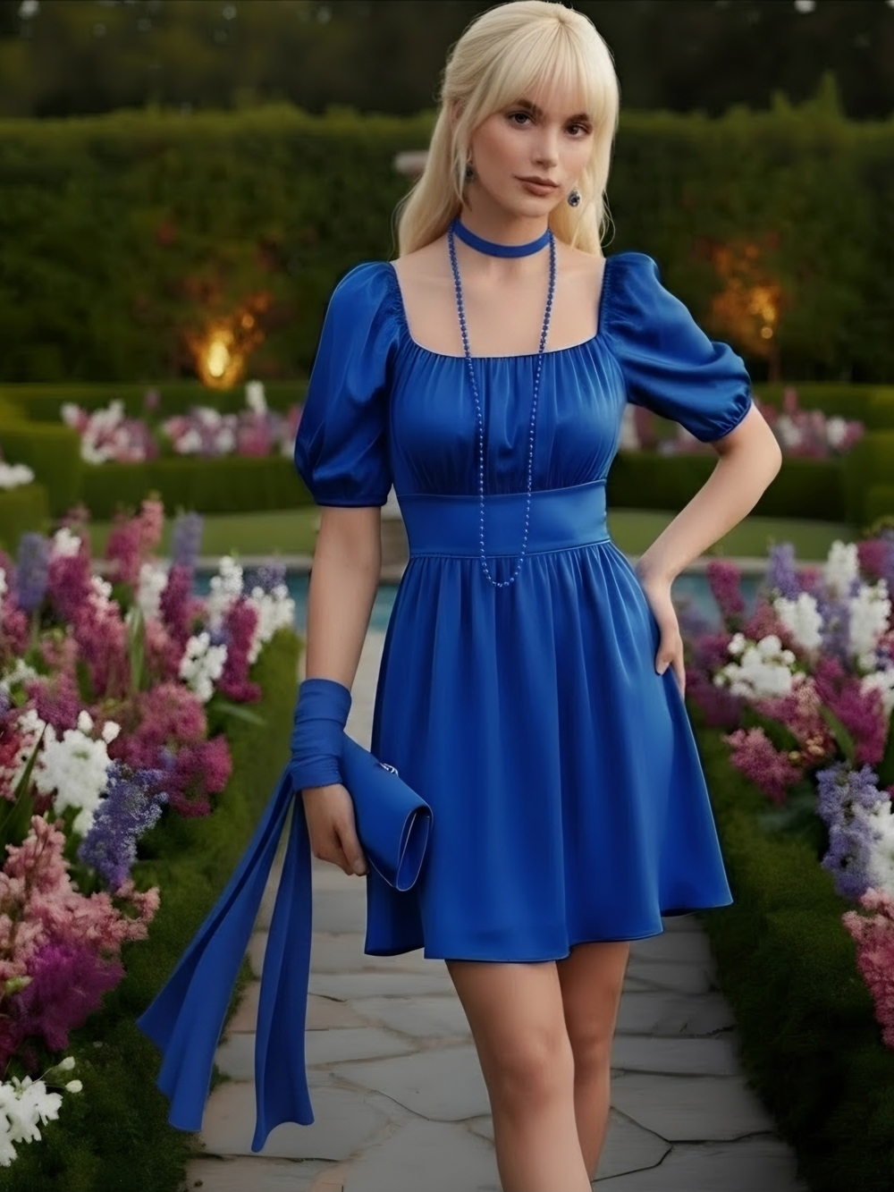 ALTAR'D STATE WOMEN SIZE S Blue Square-Neck Puff Sleeve Mini Dress